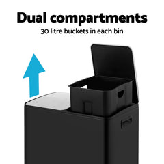 Cefito Pedal Bins Rubbish Bin Dual Compartment Waste Recycle Dustbins 60L Black
