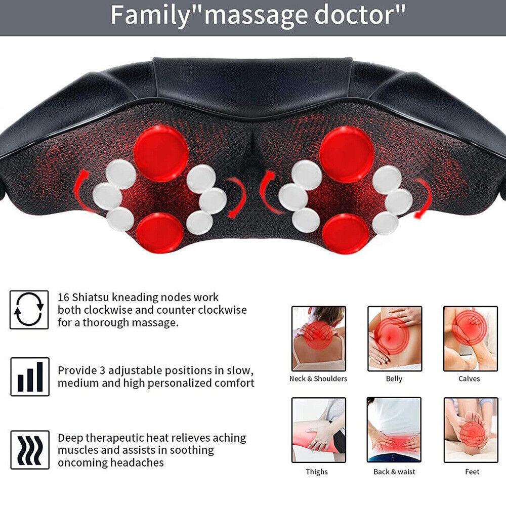Neck Shoulder Massager Back Body Shiatsu Deep Knead Pain Relief Wrap Car Office black