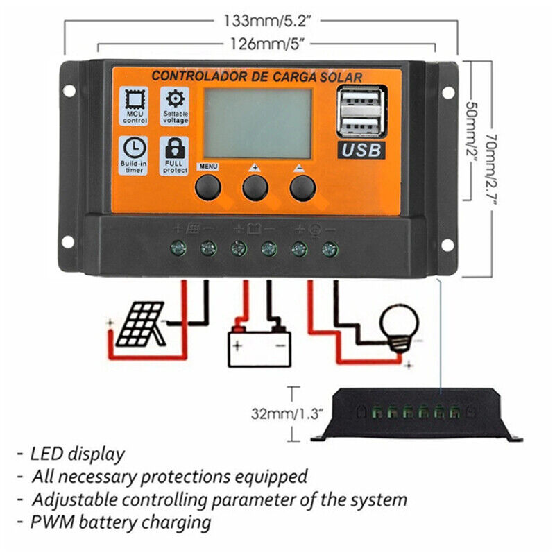 100A PWM Solar Power Panel Regulator Charge LCD Controller 12V/24V Dual USB A