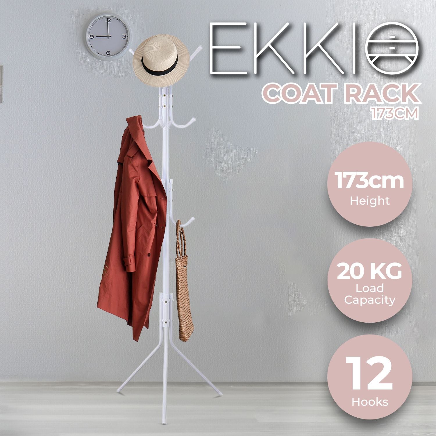 EKKIO 12 Hook Metal Coat Rack Stand with 3-Tier Hat Hanger (White) EK-CRS-100-GQR