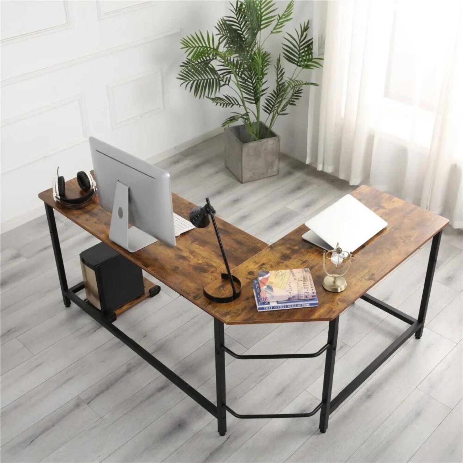 EKKIO L-Shaped Corner Computer Desk with CPU Stand (Brown) EK-CD-102-LR