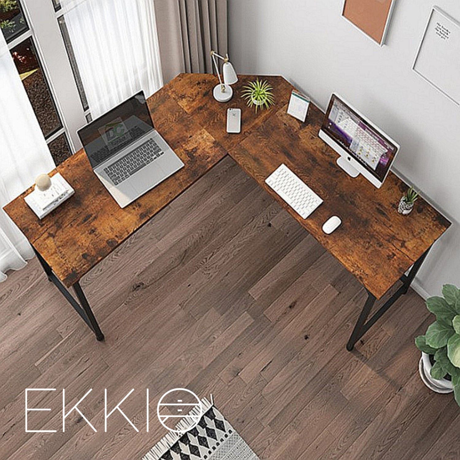 EKKIO L-Shaped Corner Computer Desk with CPU Stand (Brown) EK-CD-102-LR