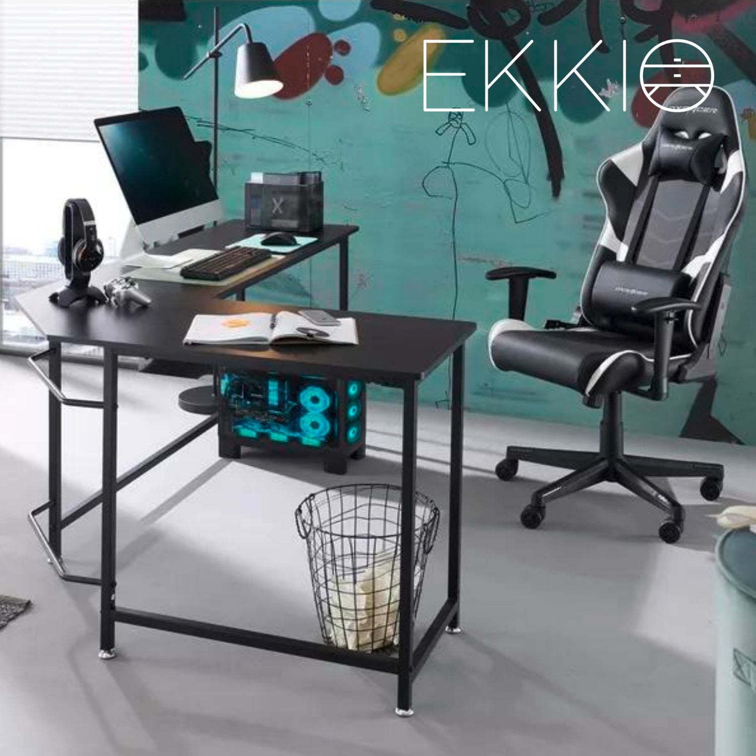 EKKIO L-Shaped Corner Computer Desk with CPU Stand (Black) EK-CD-101-LR
