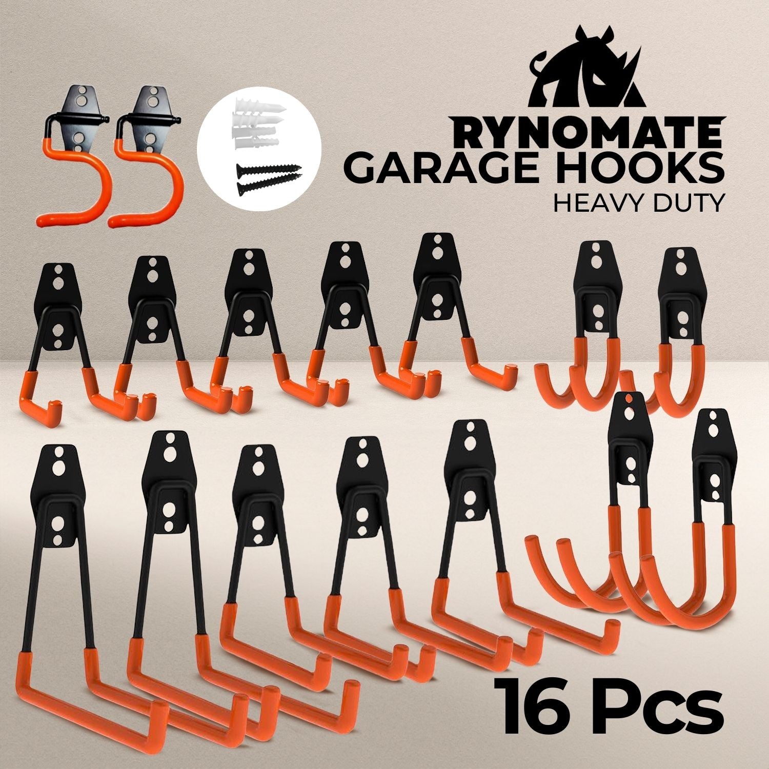 RYNOMATE 16 Pack Garage Hooks Heavy Duty (Orange) RNM-HHD-100-NK