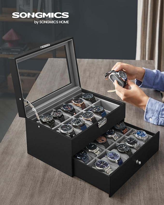 SONGMICS 20-Slot Watch Box with Glass Lid 2 Layers Black Synthetic Leather Gray Lining JWB006V1