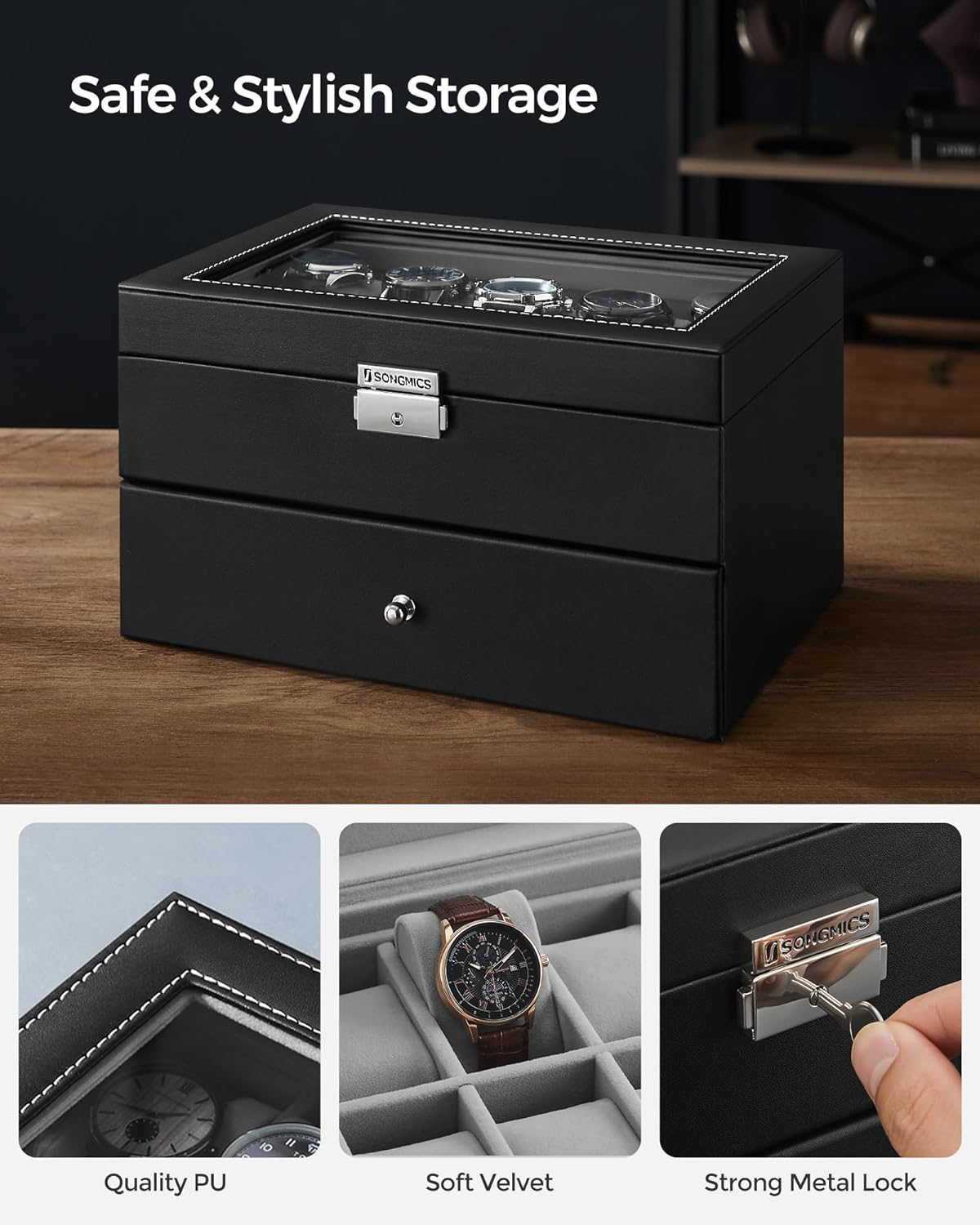 SONGMICS 20-Slot Watch Box with Glass Lid 2 Layers Black Synthetic Leather Gray Lining JWB006V1
