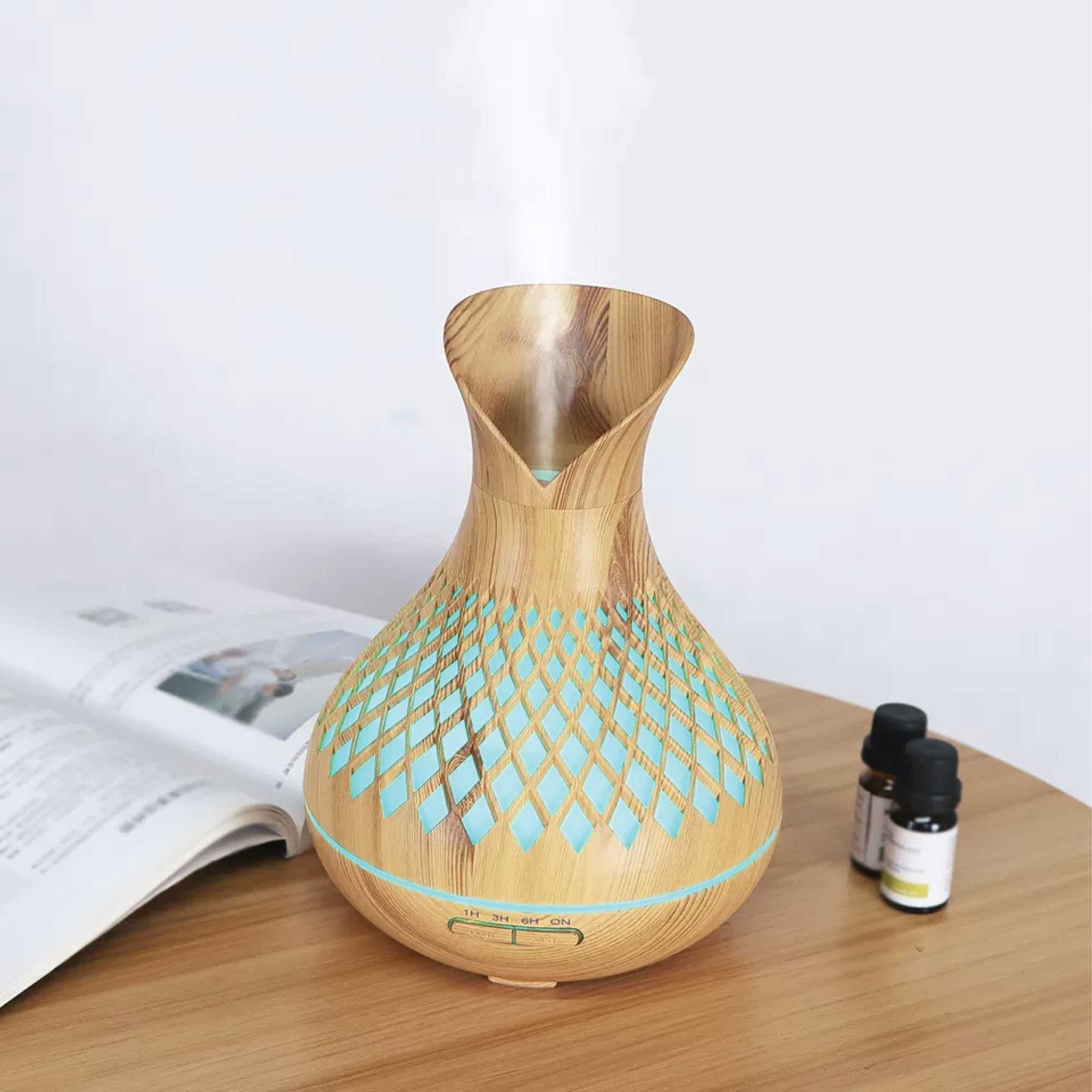 Essential Oil Aroma Diffuser and Remote - 500ml Vase Tulip Wood Mist Humidifier