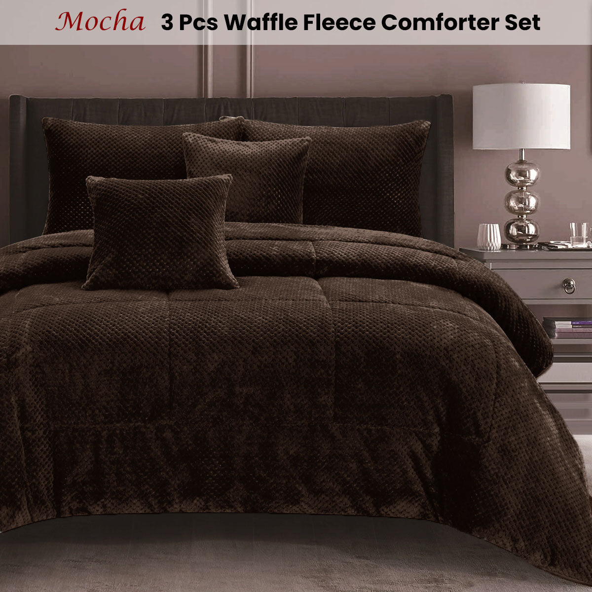Ramesses Waffle Fleece Mocha 3 Pcs Comforter Set King
