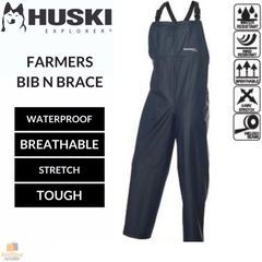 HUSKI OVERALLS Farmers Bib N Brace Waterproof Stretch Windproof Work - Navy - M