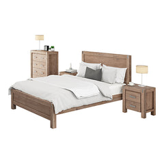 4 Pieces Bedroom Suite in Solid Wood Veneered Acacia Construction Timber Slat Queen Size Oak Colour Bed, Bedside Table & Tallboy
