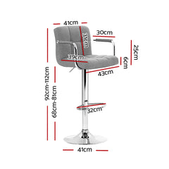 Artiss 2x Bar Stools Fabric Gas Lift w/Armrest Grey