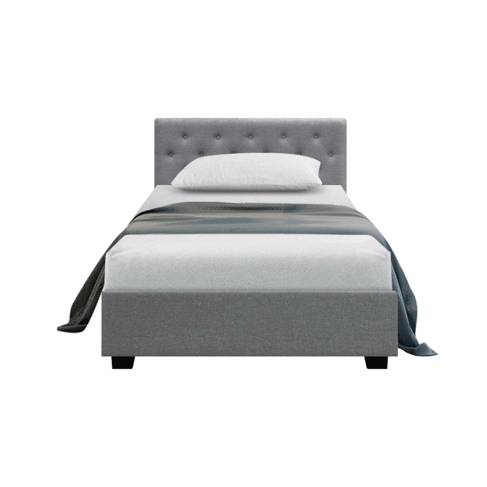 Artiss Vila Bed Frame Fabric Gas Lift Storage - Grey King Single