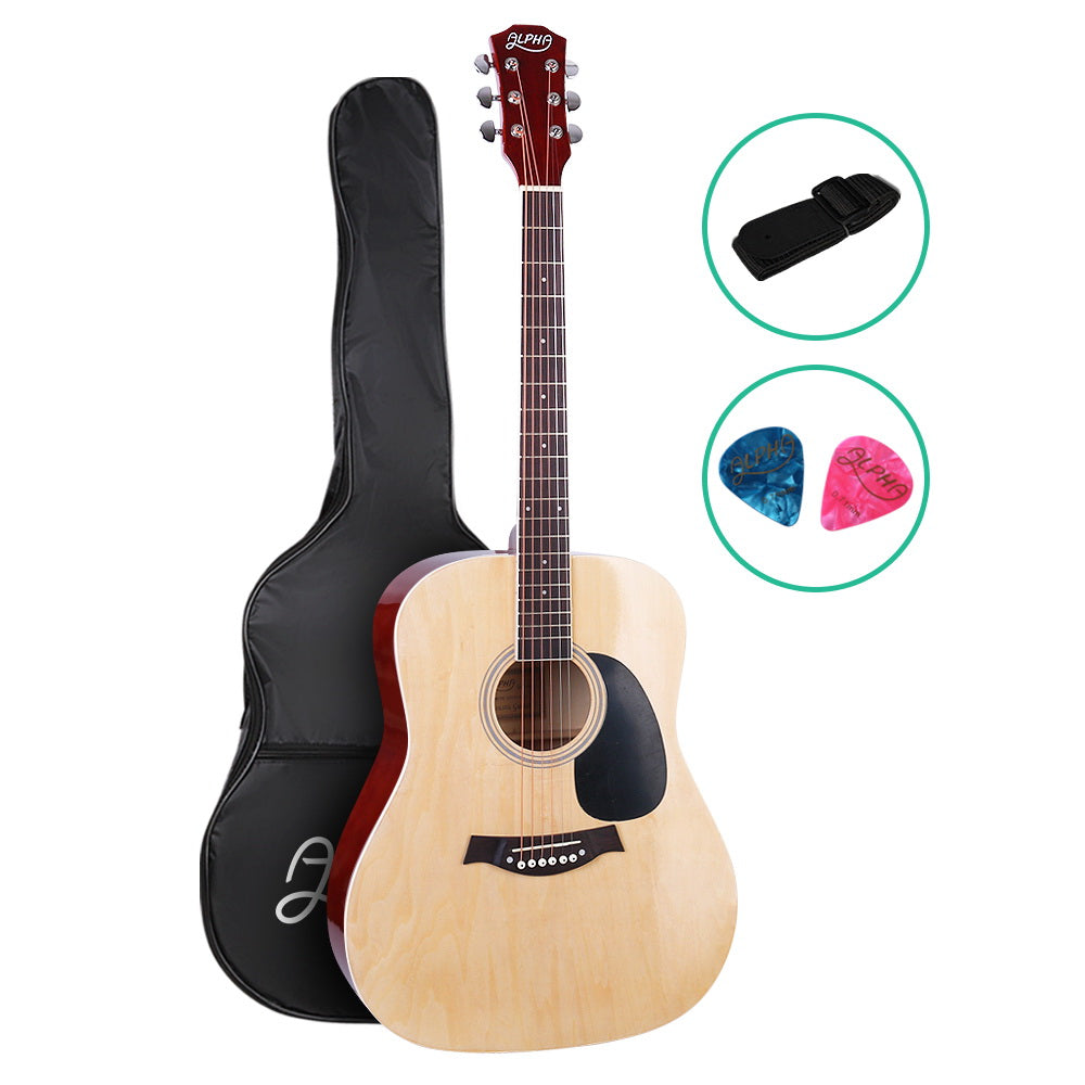 Alpha 41 Inch Acoustic Guitar Wooden Body Steel String Dreadnought Wood