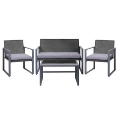 Gardeon 4 PCS Outdoor Sofa Set Rattan Furniture Glass Top Table Chairs Black