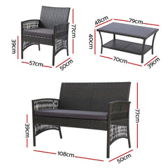 Gardeon 4PCS Outdoor Sofa Set Wicker Harp Chair Table Garden Furniture Grey