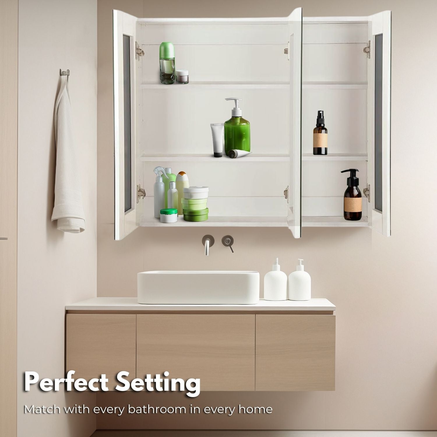 EKKIO Bathroom Vanity Mirror with Triple Door Storage Cabinet (White) EK-VMS-101-LR