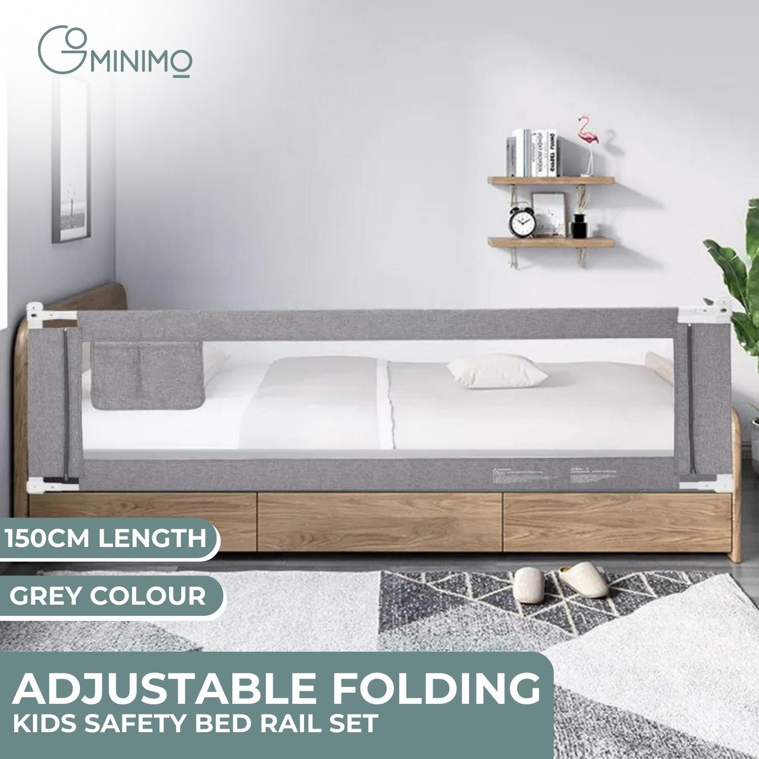 GOMINIMO 90CM Height Adjustable Folding Kids Safety Bed Rail (150X90CM Single Side 1 PCS, Grey) GO-SBR-102-JL