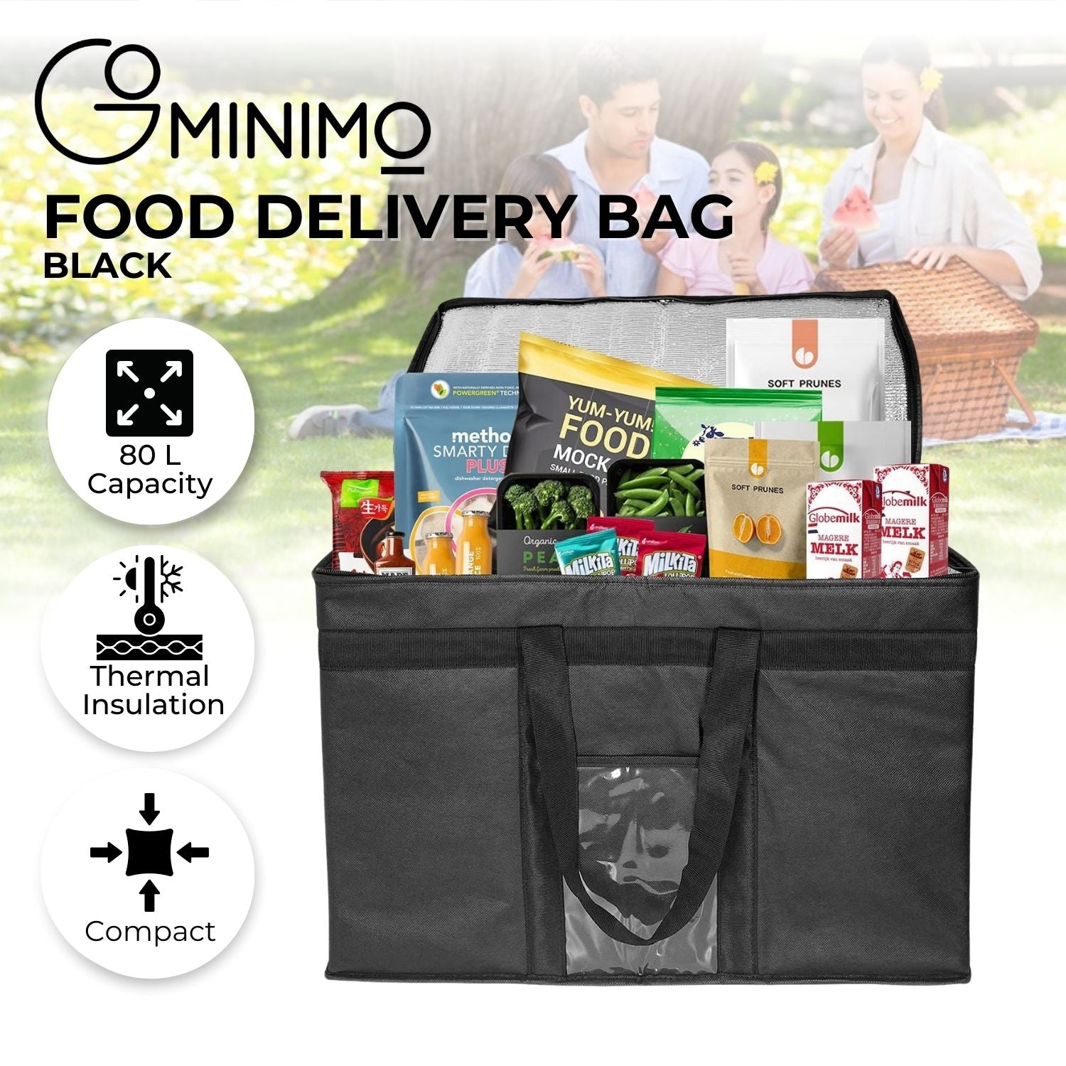 GOMINIMO 80L Large Insulated Food Delivery Bag with Zipper Closure (Black) GO-FDB-102-KLAD