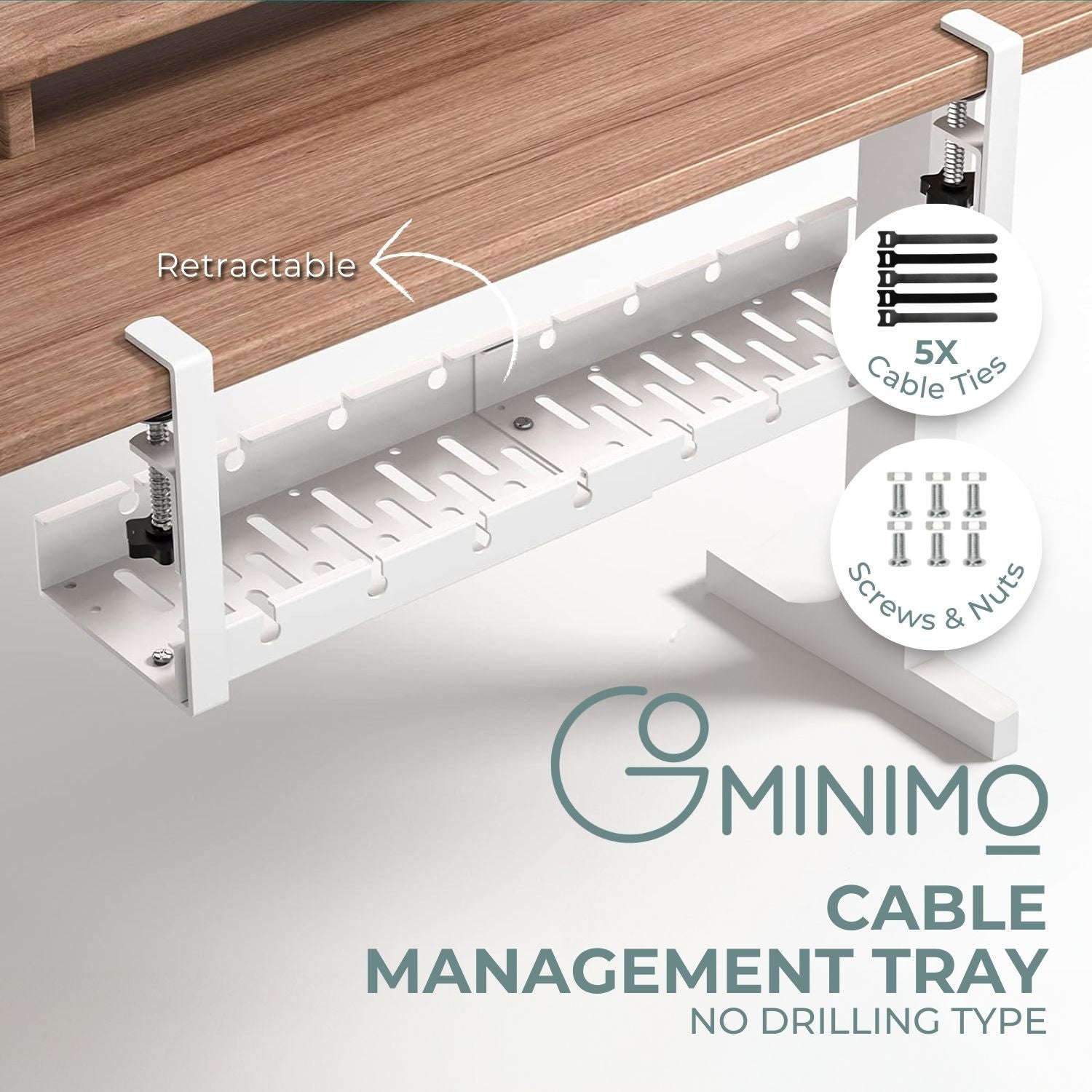 GOMINIMO Retractable Cable Management Tray- No Drilling Type (White) GO-CMT-103-KX