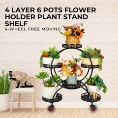 NOVEDEN 4 Layer 6 Pots Flower Holder Plant Stand Shelf with 4-Wheel (Black) NE-PSD-100-JZ