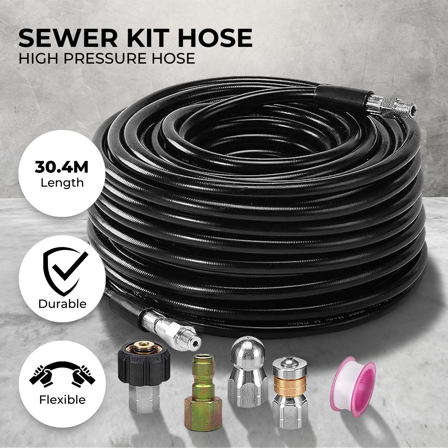 RYNOMATE High Pressure Washer Black Hose with M22 Coupling and Rotating Nozzle (30.5M/100FT) RNM-HPW-101-JYI