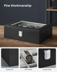 SONGMICS Watch Box for 10 Watches with Glass Lid and Removable Watch Pillows Black Synthetic Leather Grey Lining JWB010BK