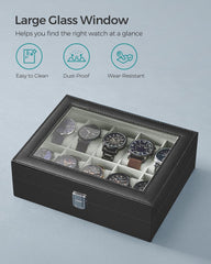 SONGMICS Watch Box for 10 Watches with Glass Lid and Removable Watch Pillows Black Synthetic Leather Grey Lining JWB010BK