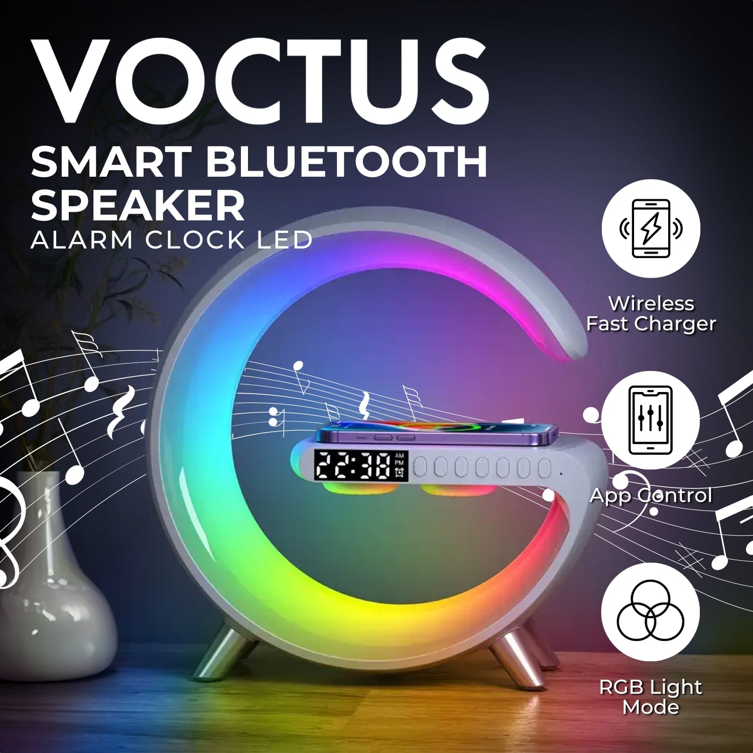 VOCTUS 5 in 1 Bedside Table Lamp with 15W Quick Wireless Charger (White) VT-WC -101-NH