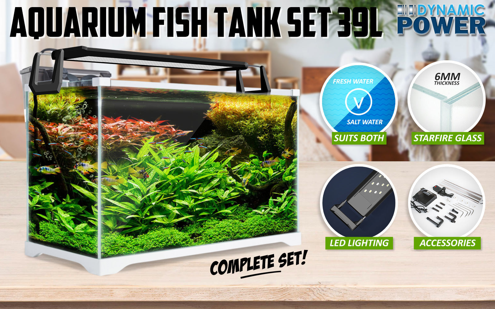 Aquarium Starfire Glass Fish Tank Set Filter Pump 39L