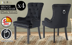 4X French Provincial Dining Chair Ring Studded Velvet Rubberwood Leg LISSE BLACK