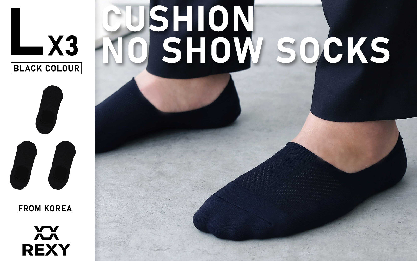 3X Rexy Cushion No Show Ankle Socks Large Non-Slip Breathable BLACK