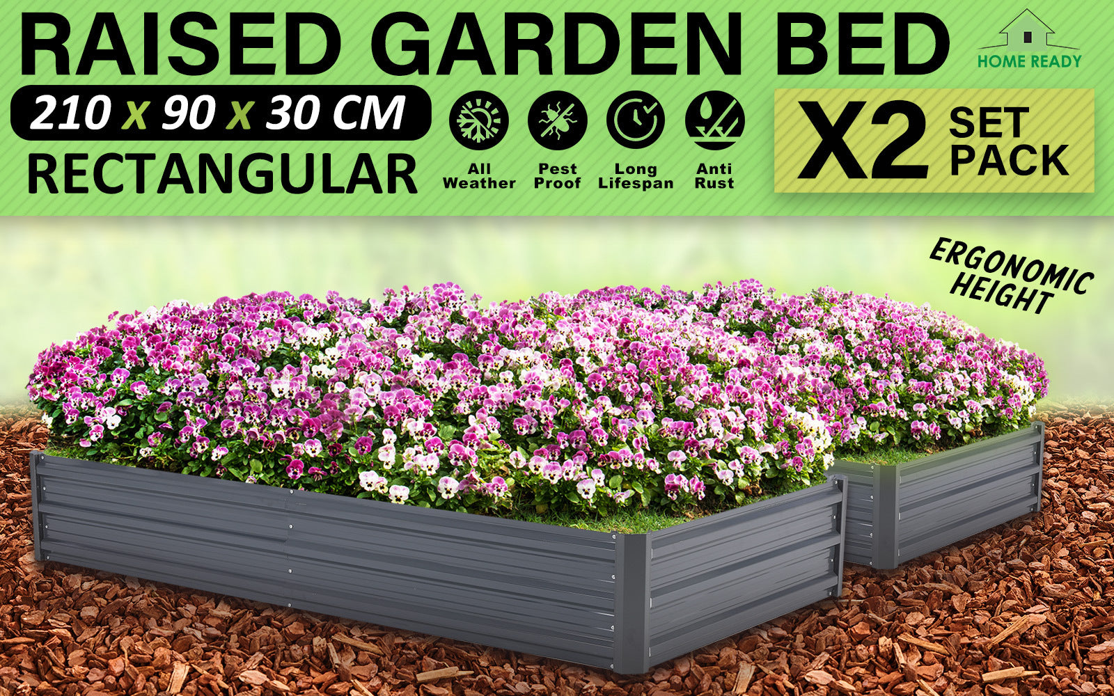 2X Raised Garden Bed Galvanised Steel Planter 210 x 90 x 30cm GREY
