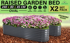 2X Raised Garden Bed Galvanised Steel Planter Oval 240 x 80 x 45cm GREY