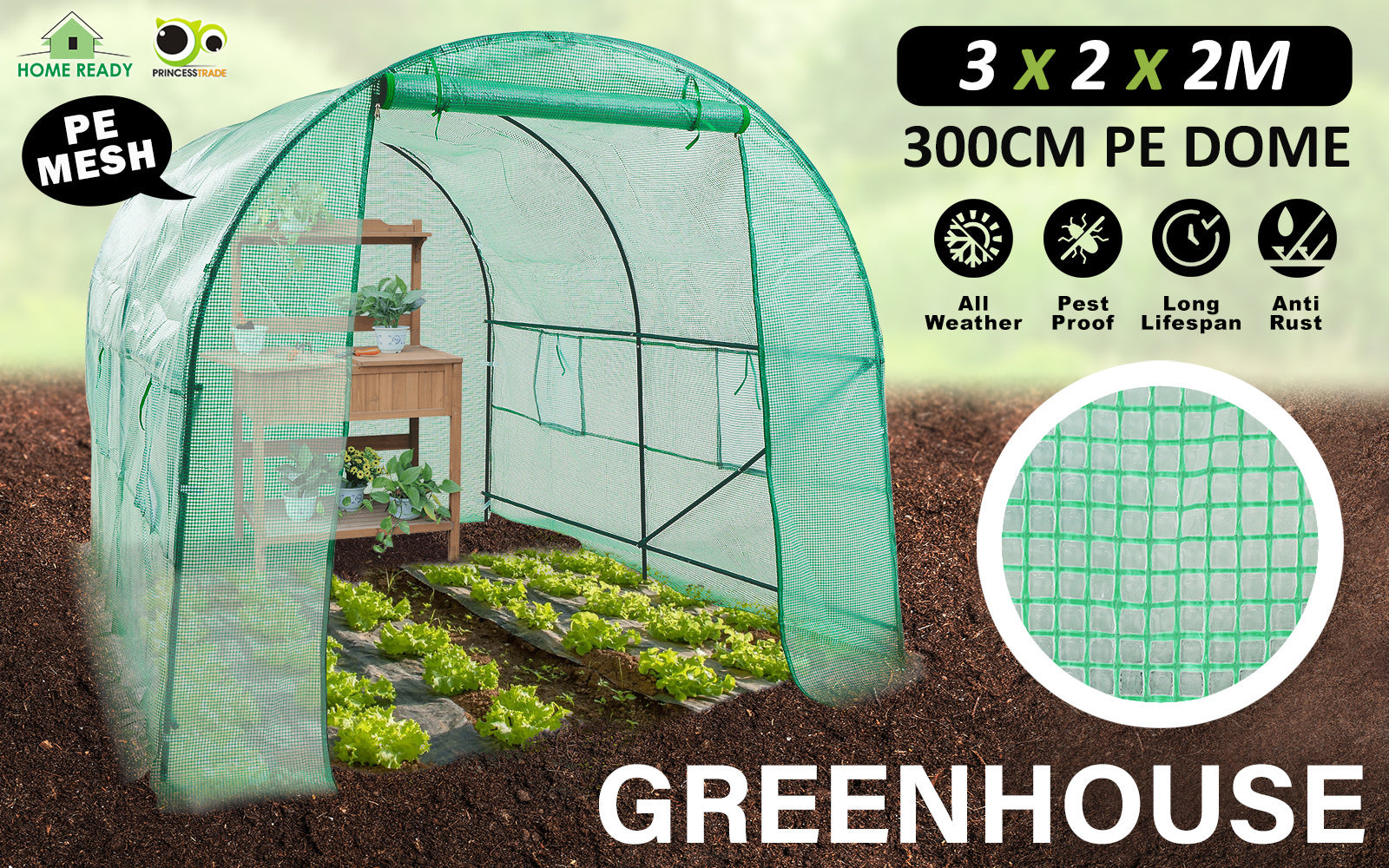 Greenhouse Walk-In Shed 3x2x2M PE Dome Tunnel Polytunnel