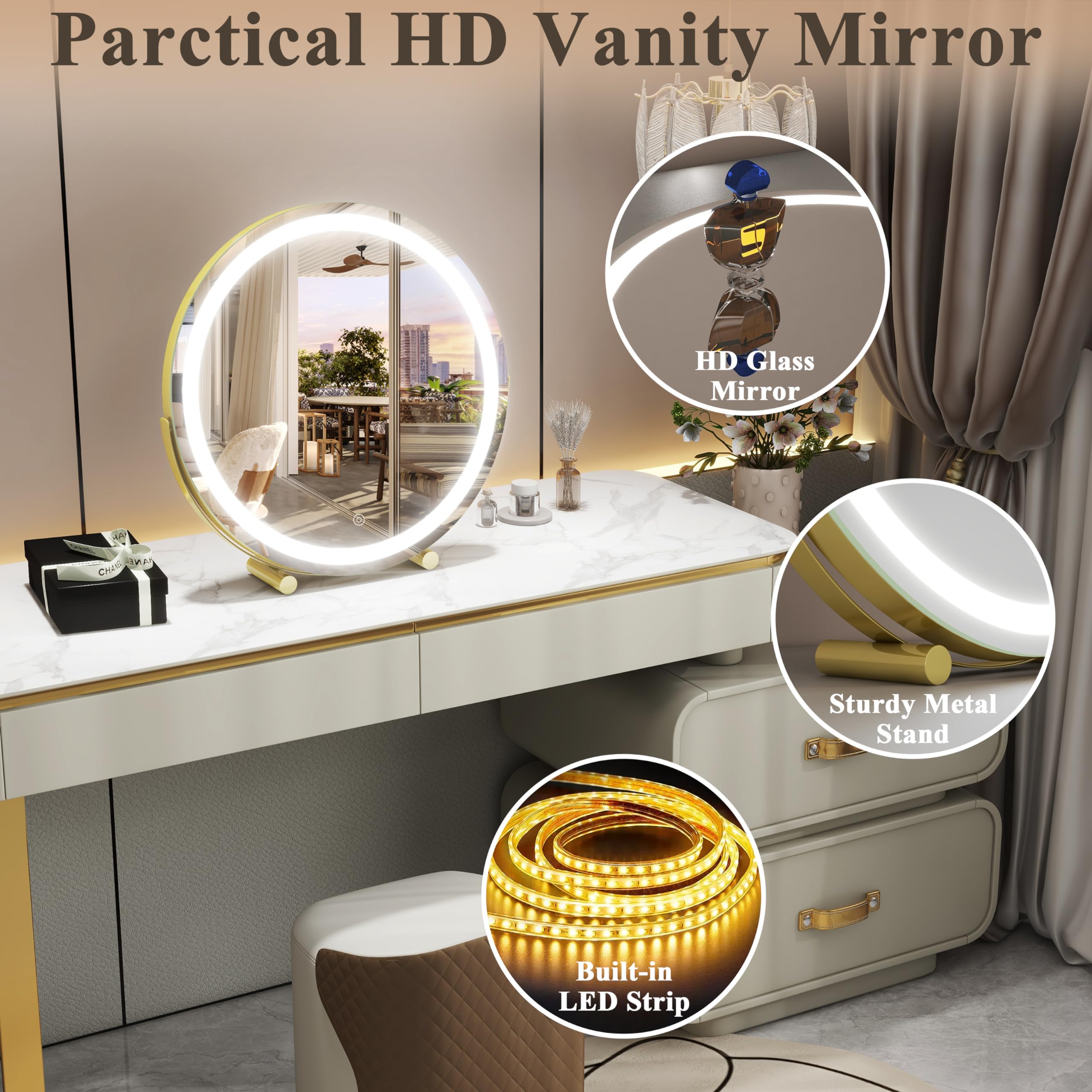 45cm Large Makeup Desk Mirror Lights Round LED Makeup Make up Mirror Bedroom Tabletop Touch Control Gold