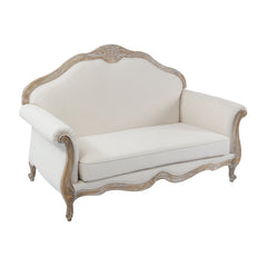 Oak Wood White Washed Finish Rolled Armrest 3+2 Seater Sofa Set Linen Fabric