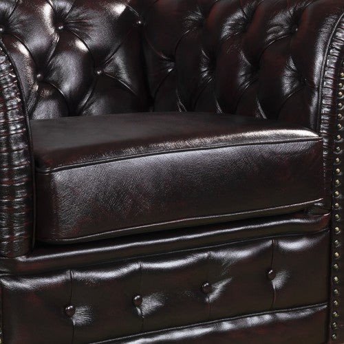 3+2+1 Seater Genuine Leather Upholstery Deep Quilting Pocket Spring Button Studding Sofa Lounge Set for Living Room Couch In Burgandy Colour