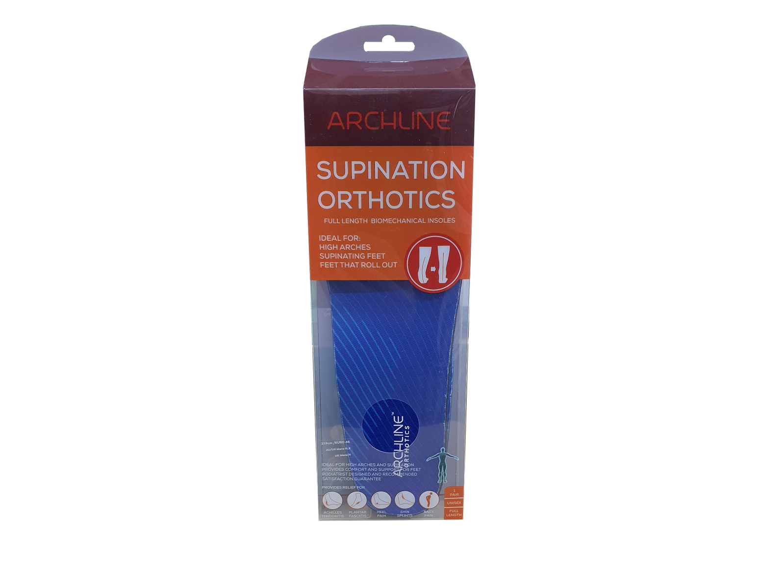Archline Supination Orthotic Insoles - Full Length (Unisex) Plantar Fasciitis High Arch - Euro 38