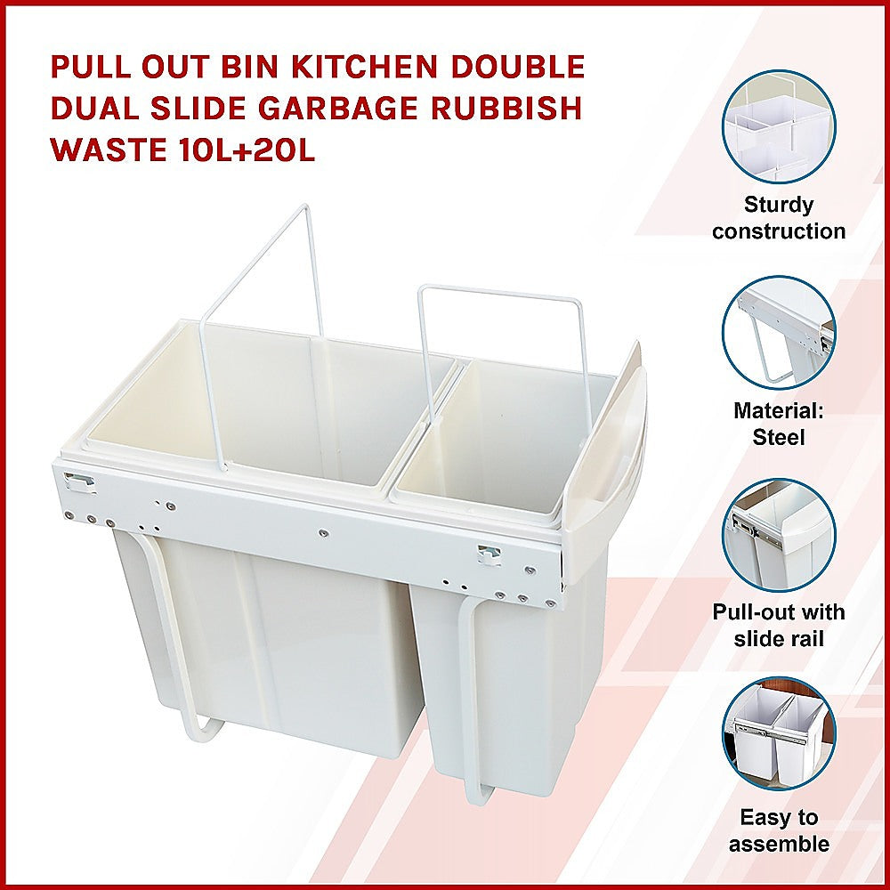 Pull Out Bin Kitchen Double Dual Slide Garbage Rubbish Waste 10L+20L