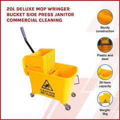 20L Deluxe Mop Wringer Bucket Side Press Janitor Commercial Cleaning