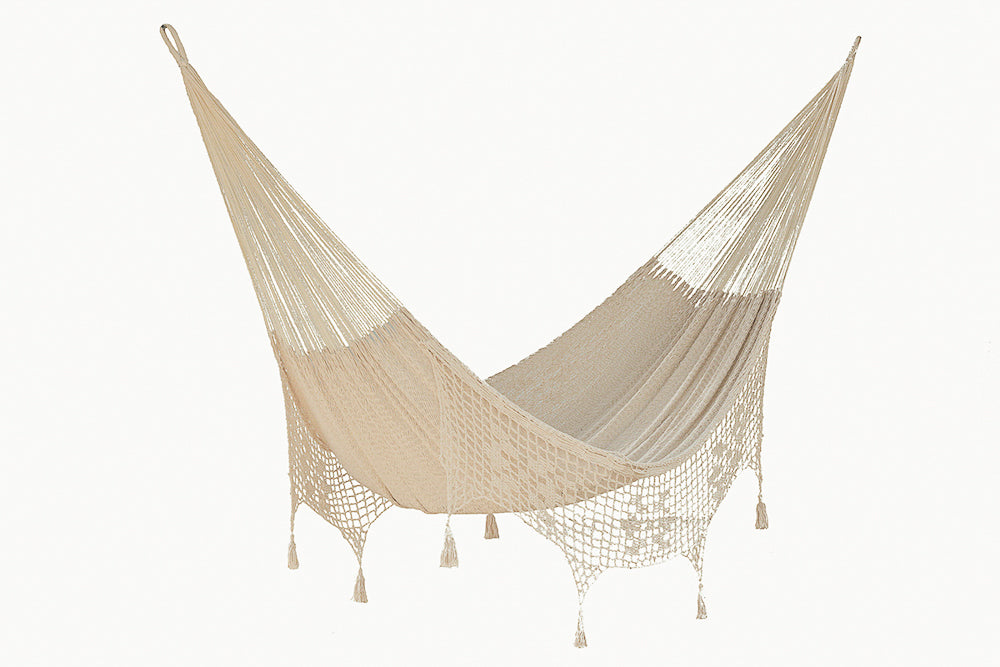 Mayan Legacy Queen Size Deluxe Outdoor Cotton Mexican Hammock in Cream Colour